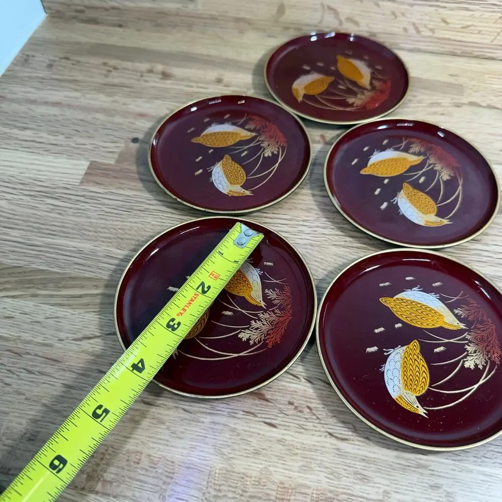 Vintage Japanese Lacquerware Coasters Set of 5 Burgundy Gold Floral 4 Inch